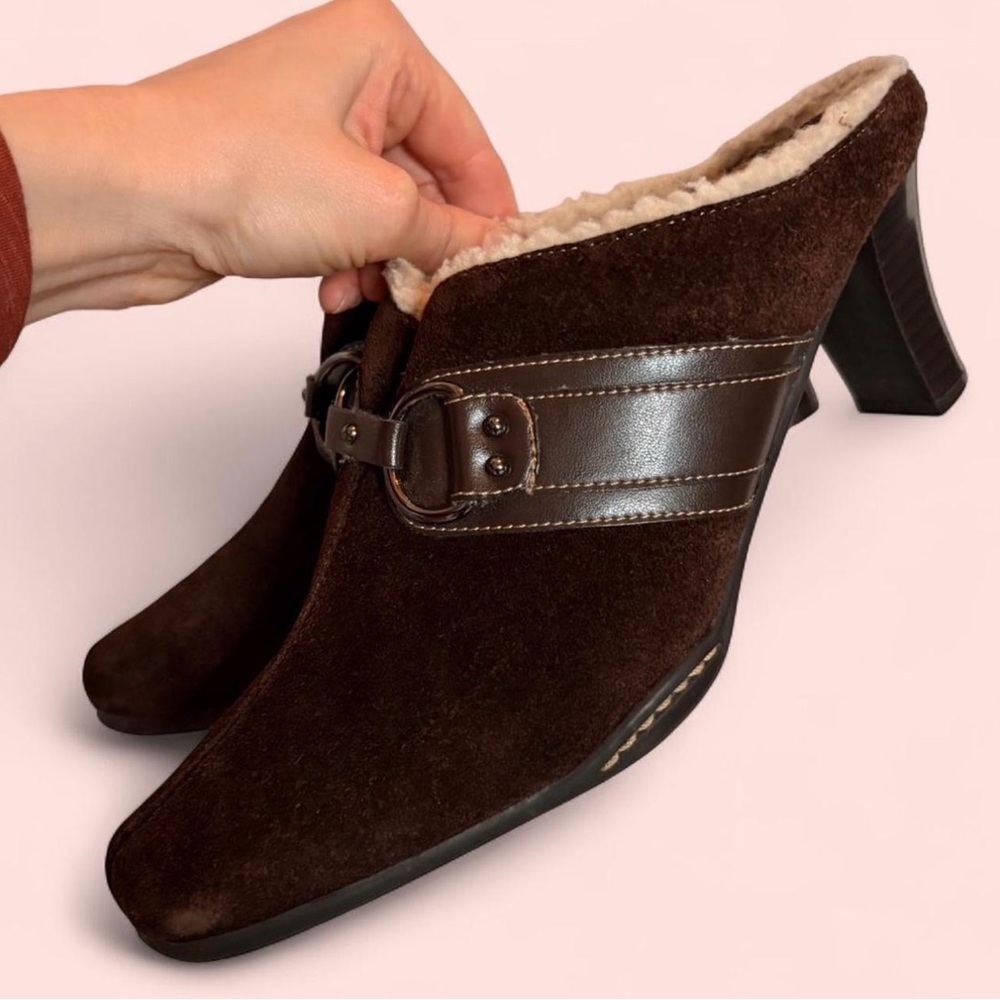 Brown Suede Heeled Mules with Faux Fur Lining